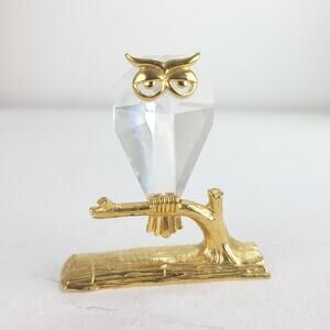 Vintage Owl on Branch Figurine Beveled Crystal Prism Gold Toned Glass Wise